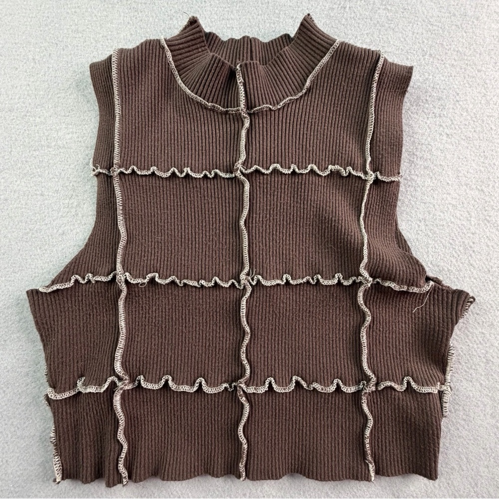 Garage Brown Mock Neck Patchwork Cropped Top Ribbed Women’s Medium Streetwear
